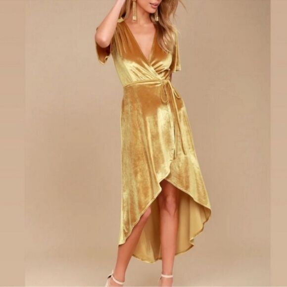 LULUS Amour High Low Wrap Dress Golden Yellow Velvet - Picture 1 of 9